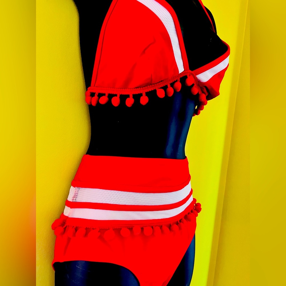 Red And White Stripe Mesh Bikini - image 1